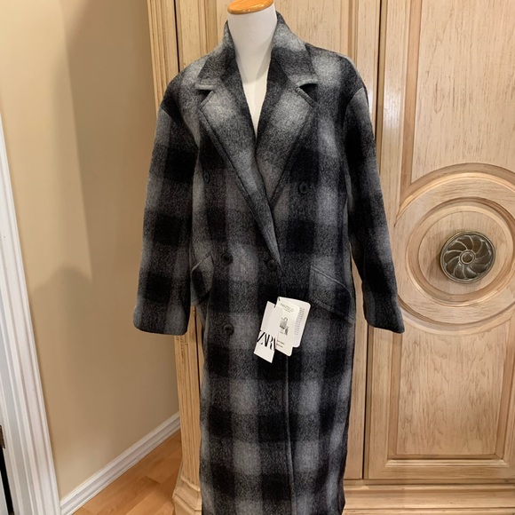 ZARA WOMEN’S  PLAID CHECK DOUBLE BREASTED MANTECO 100% WOOL COAT GRAY SIZE M NWT - Picture 6 of 7